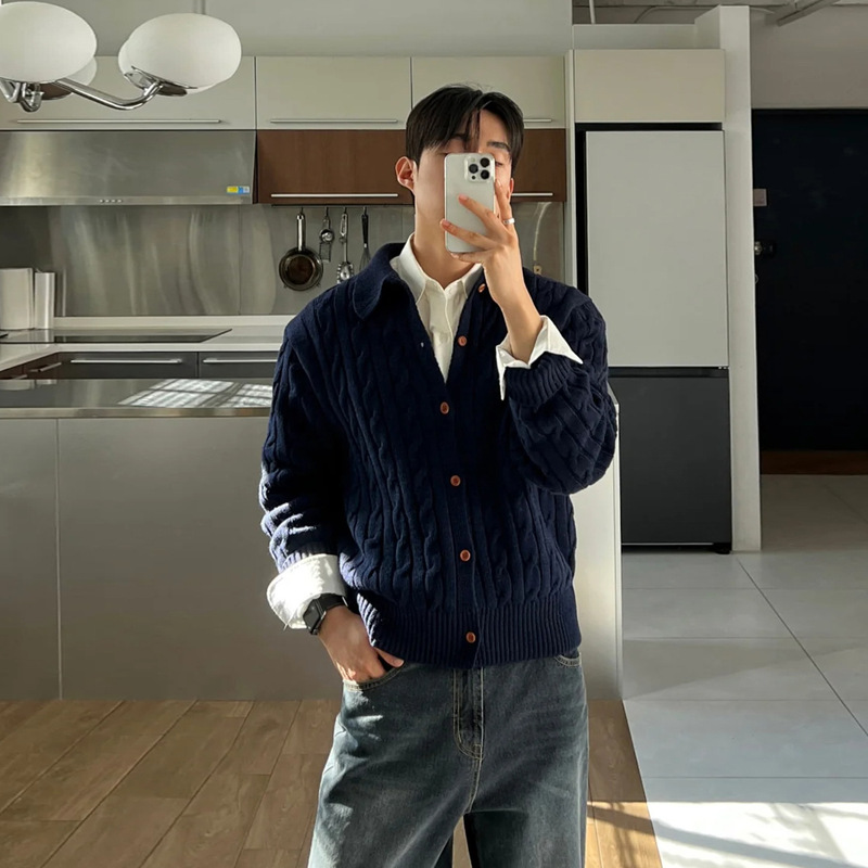 Old Money Style Thick Hemp Flower Knitted Cardigan for Boys, Loose, Lazy and High-End Sweater, Casual Lapel Sweater Jacket