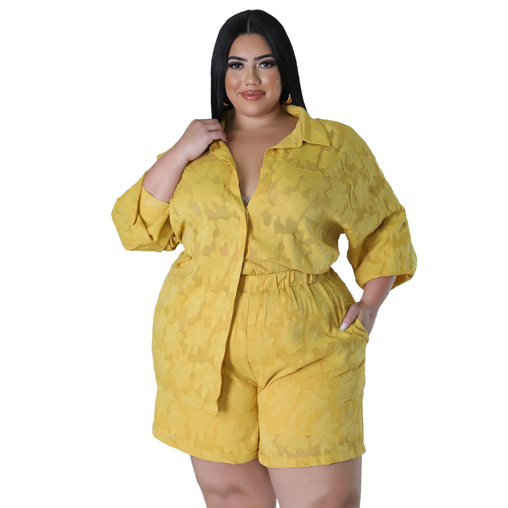 Spring Summer Women's Chiffon Jacquard Clothing Set Hollowed out Top And Shorts_ecoleips.com