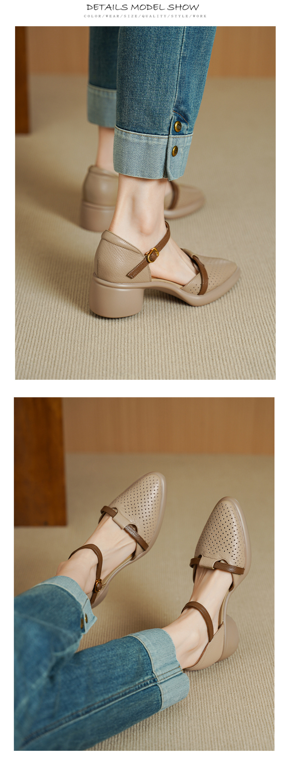 Sandal nữ quai ngang da dê mũi tròn gót vuông cao 9 cm — màu trắng ngà chi tiết 10