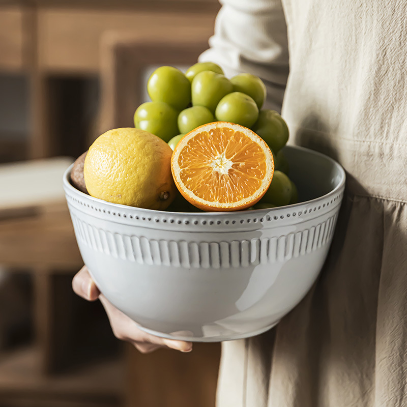 Relieve creativo tazón de cubiertos de cerámica cuenco profundo tazón casero gran tazón de ensalada de frutas verduras grises tazón de fideos