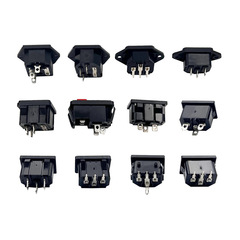 Switched fuse holder with retaining clips, AC socket with cross-shaped contacts, male-female three-hole three-core AC power plug