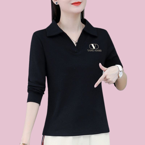 2025 autumn long-sleeved T-shirt for women, fashionable, age-reducing, loose, large size, middle-aged mother wear, lapel bottoming shirt, top clothes