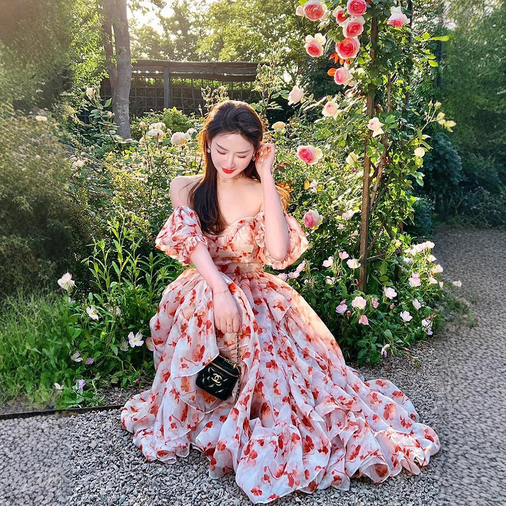 French Sweet Floral Off-Shoulder Square Neck Dress for Women 2025 Summer New Style Gentle Elegant Long Princess Dress