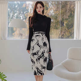 外贸女装2023冬季新款两件套韩版气质修身针织上衣收腰印花包臀裙