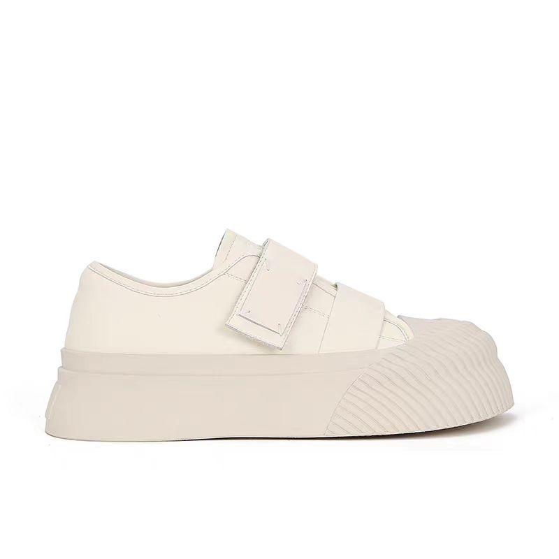 2024 otoño y invierno nuevo tipo de goma suave ~ gran cabeza redonda velcro galletas de cuero zapatos casuales de suela gruesa zapatos blancos de mujer