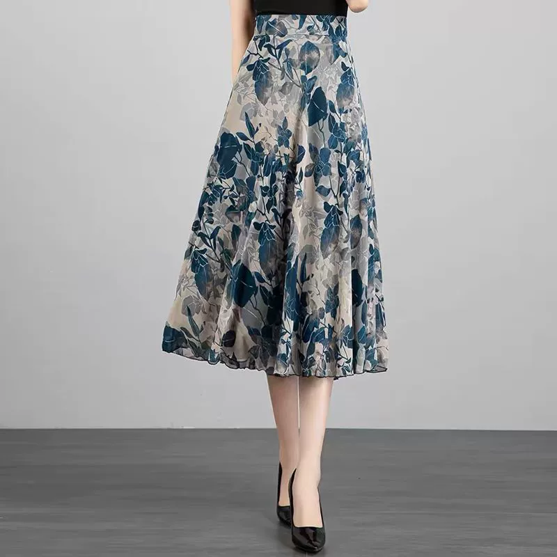 2025 новая летняя юбка с принтом, женская шифоновая юбка средней длины, большой размер, высокая талия, утягивающая, закрывающая бедра, юбка-зонтик