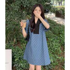 大码设计感西装领拼接棋盘格假两件连衣裙夏季胖MM宽松显瘦裙子女