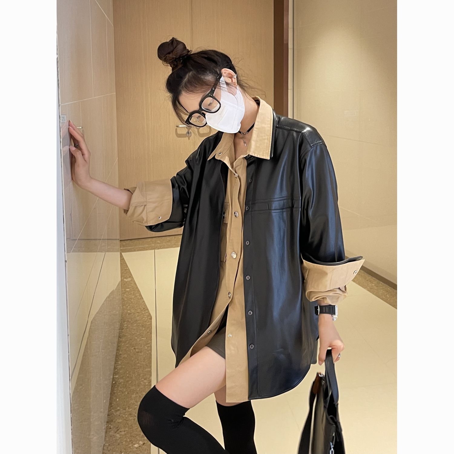 Black Leather Jacket for Women in Autumn and Winter New Style Loose Slimming Simple Motorcycle Style Leather Jacket Shirt Outer Wear