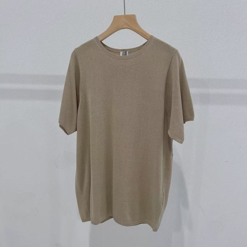 北欧风TT 极简风圆领宽松质感桑蚕丝短袖T恤女经典卡其色针织上衣|undefined