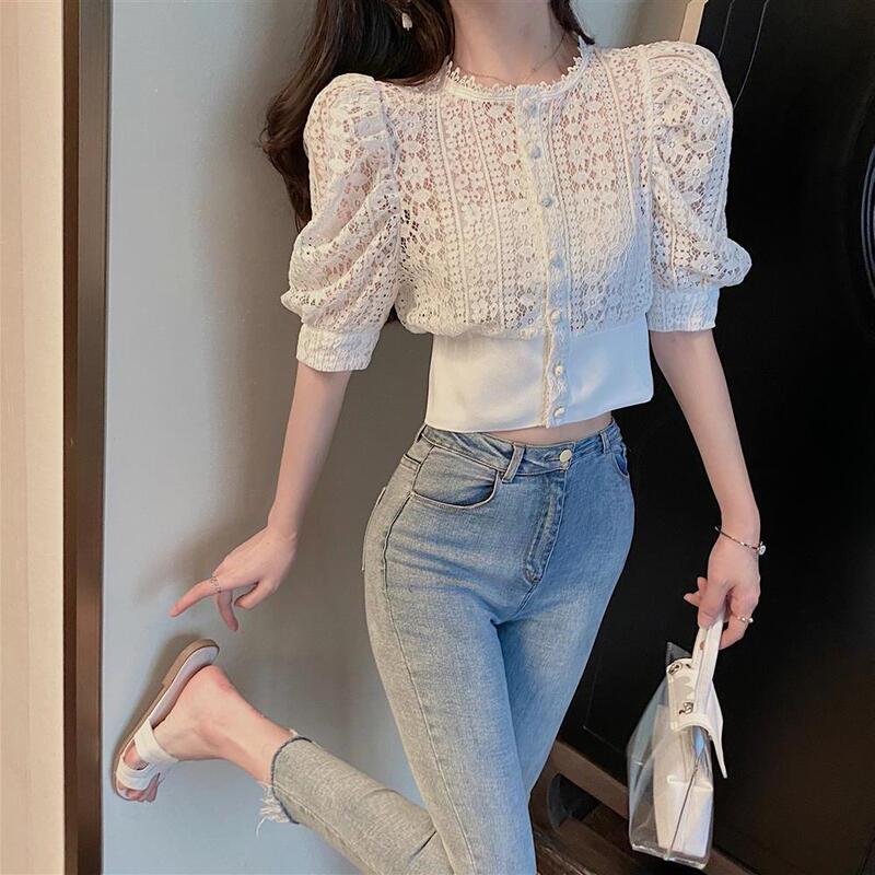 2026 Summer New Design Shirt with Puff Sleeves, French Chic White Blouse, Lace Short-Sleeved Women's Top 2026 Summer New Design Shirt with Puff Sleeves, French Chic White Blouse, Lace Short-Sleeved Women's Top