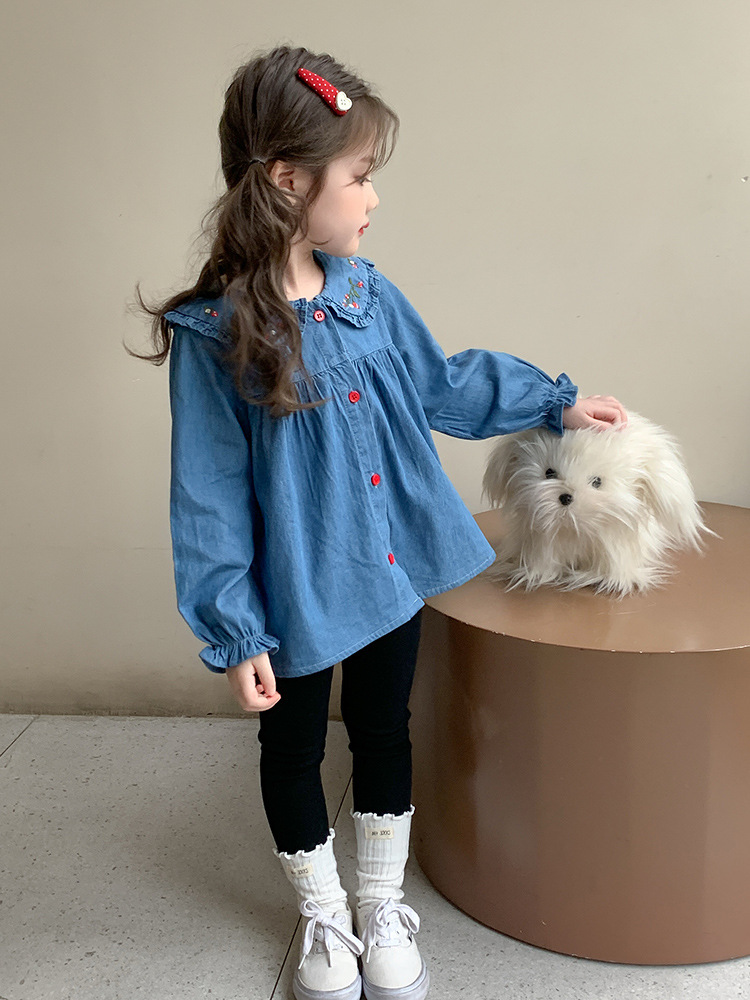 Camisas de niñas primavera y otoño 2025 nuevos niños otoño estilo exterior casual bebé cuello chaqueta de vaqueros de otoño