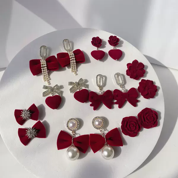 Internet celebrity New 925 silver New Year red velvet bow lovely pearl stud earrings cute girl jewelry