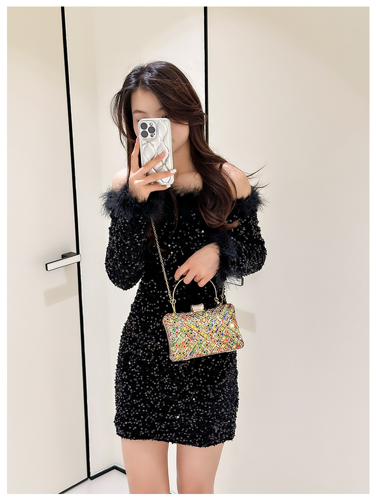 High-end evening dress, lady's water diamond clutch bag, diamond-encrusted bag, colorful diamond chain cheongsam bag, evening bag, women's handbag undefined