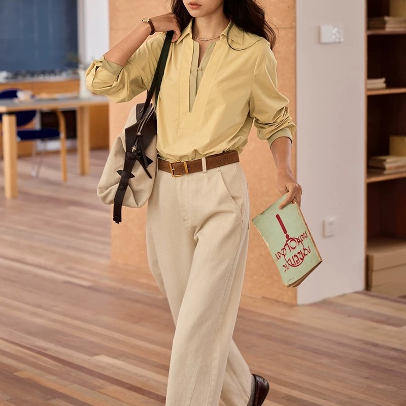 solighter 法式复古假两件衬衫女秋季2025新款宽松套头长袖衬衣|undefined
