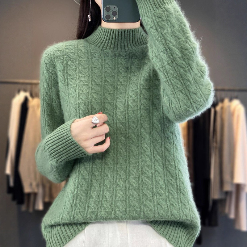 Knitted Sweater Half Turtleneck Women's Thickened Twisted Pullover Long-Sleeved Autumn and Winter Knitted Sweater Loose and Versatile Korean Style Top