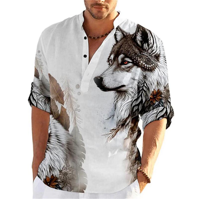 Henry collar long-sleeve shirt for men, featuring a black and white wolf head sketch digital print, linen-like fabric, loose fit, casual style, and available in stock