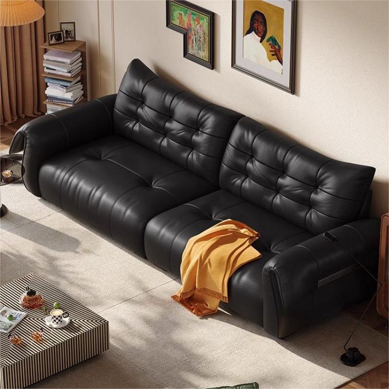 Sofá de cuero de cisne italiano minimalista retro negro cabeza de cuero de vaca sala de estar línea recta combinación de estilo medieval lujoso