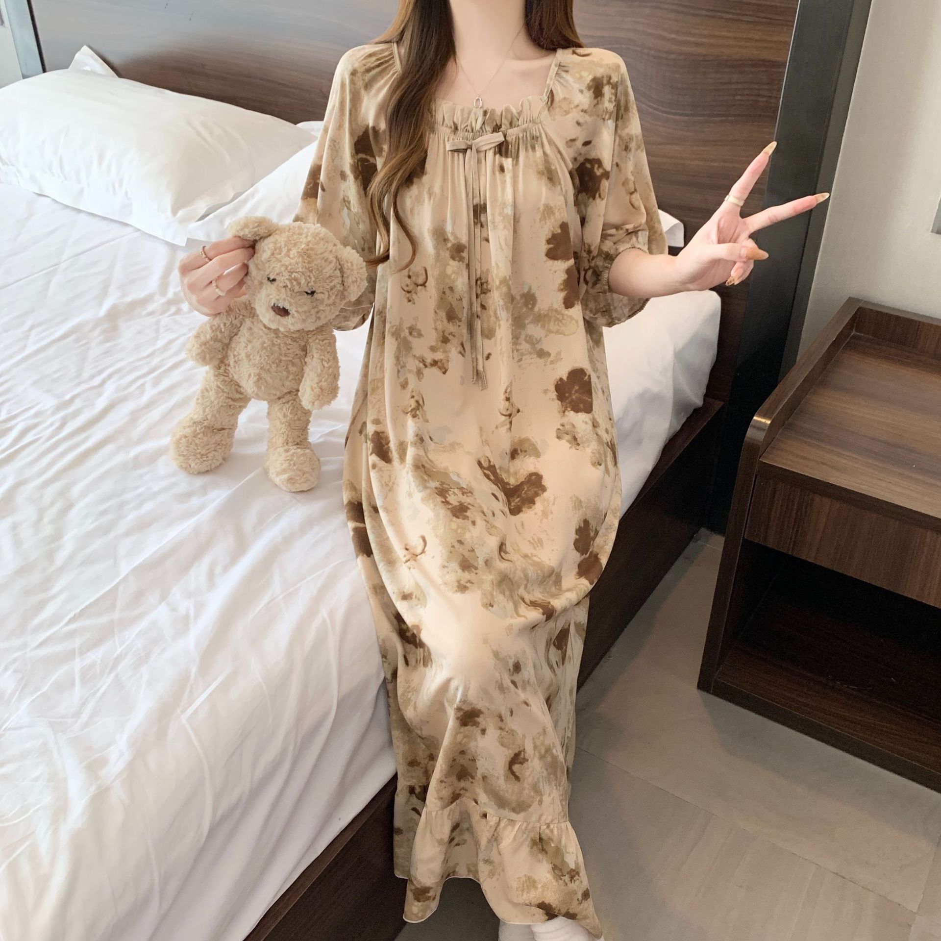 Yaoting pijamas de verano mujeres primavera y otoño encantador impresión suelta vestido larga larga larga ropa de hogar de mangas cortas HDF5291