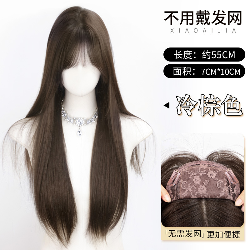 Peluca mujer con casco completo negro largo y recto peluca en la parte superior de la cabeza