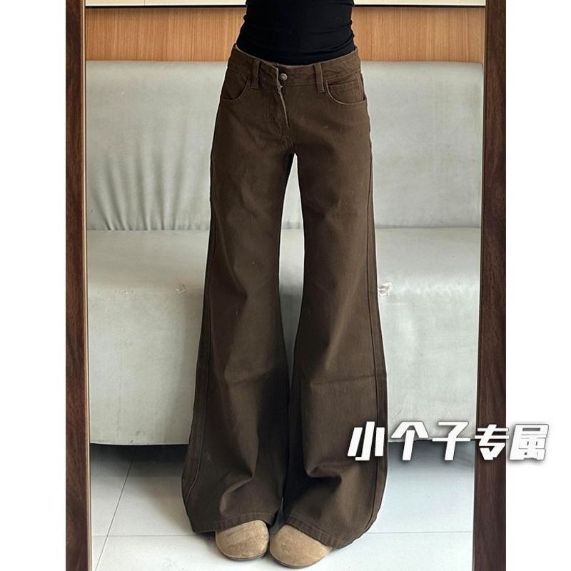Petite American Retro Style Coffee-Colored Flared Jeans for Women, Summer Low-Waist Loose Fit Slimming Wide-Leg Pants