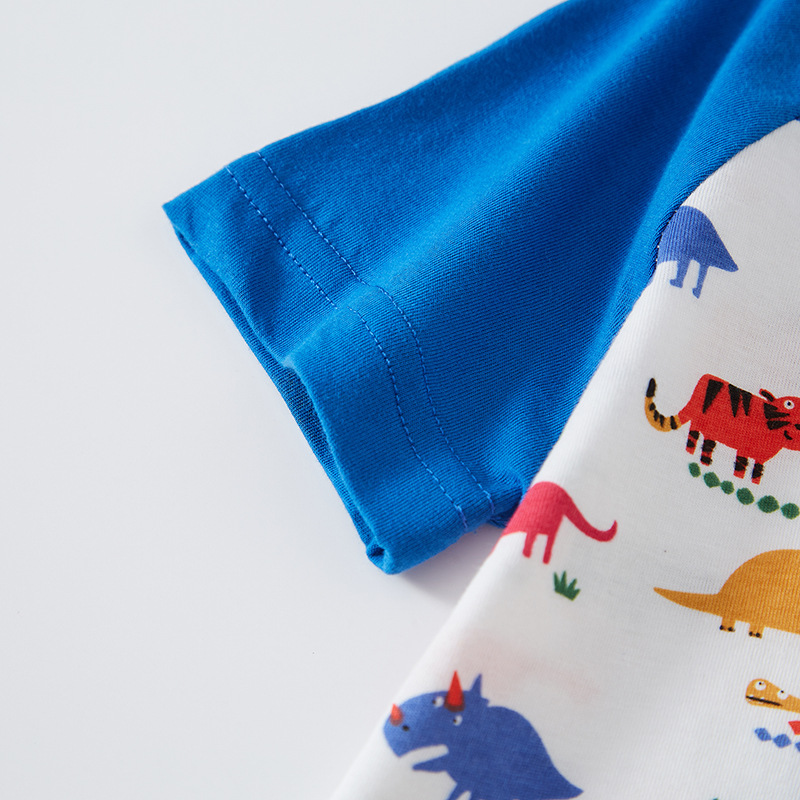 2025 nueva ropa infantil de cuello redondo con estampado completo de dibujos animados de dinosaurios, manga para niños, verano, algodón puro, delgado, de una pieza, envío directo.