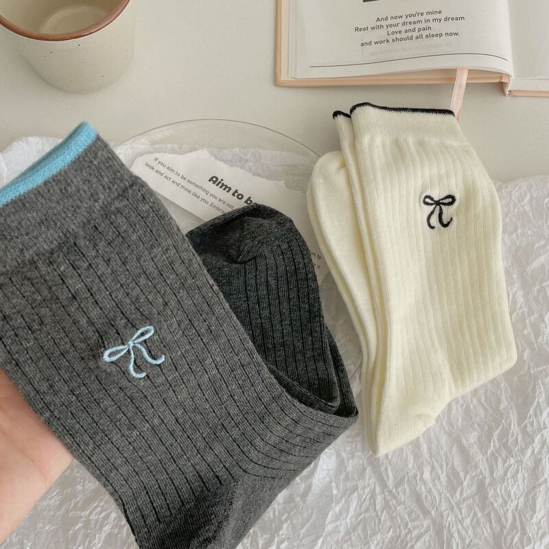 Embroidered Bow Socks Women's Ins Grey Blue Color Contrast Pit Korean Style Girl Ballet Style All-Match Internet Celebrity Pile Socks