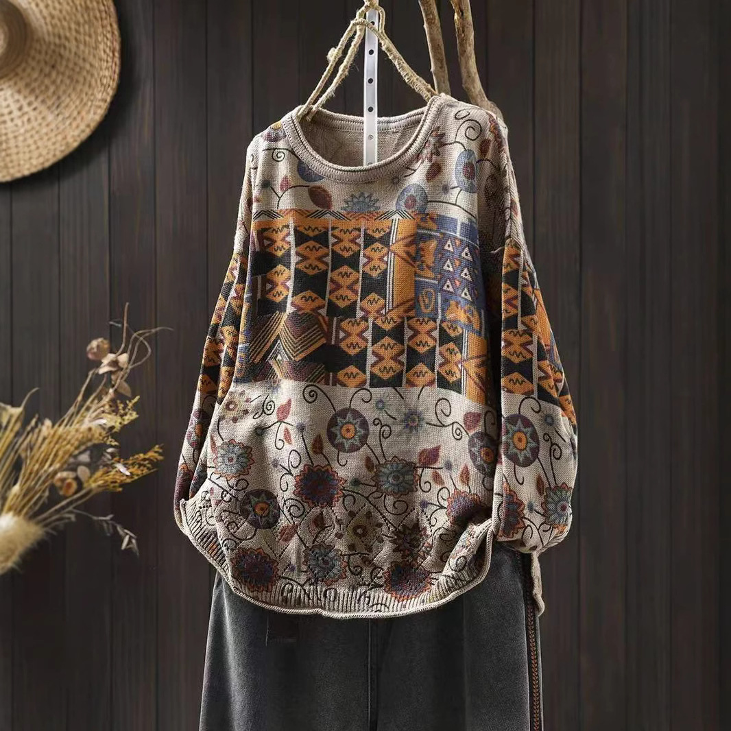 Guka Clothing Autumn and Winter Retro Printed Cotton Knitted Sweater Women's Round Neck Loose Casual Large Version Pullover Sweater