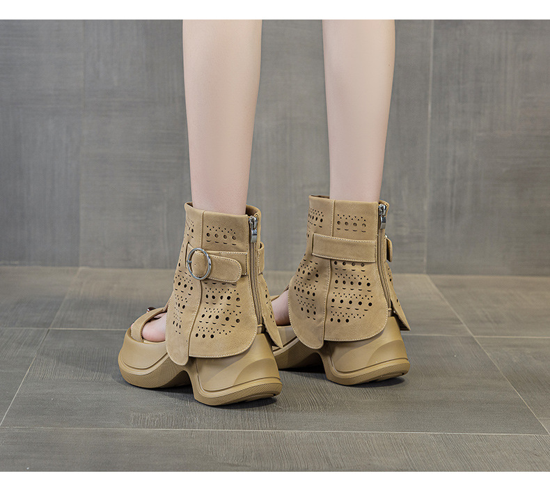 Boot cổ cao nữ đế dày phong cách La Mã hở mũi — Màu caramel 5069-1, Màu đen 5069-1 chi tiết 11