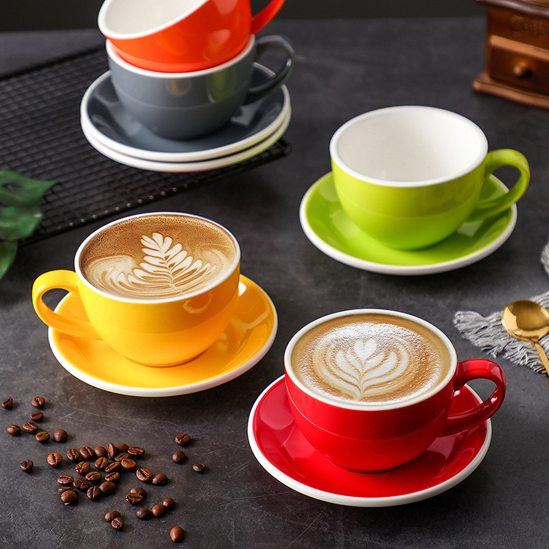 350ML white edge ceramic large capacity coffee cup color coffee cup pull cup cappuccino cup latte cup saucer