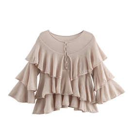 薄款叠层装饰针织衫2025春欧美跨境喇叭袖圆领短款套头毛衣女