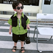 儿童套装2024痞帅男童装夏季纯色拼接工装短袖两件套韩版潮酷童装