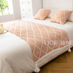 ✅ Bedside Towel Cream Style Internet Celebrity Hotel Bed Flag Knitted Tassel Bed and Breakfast Simple Bed Cover New Chinese Style Towel
