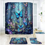浴室防水浴帘套复梦幻蝴蝶魔幻谷窗帘淋浴遮挡帘4件套批发免打孔