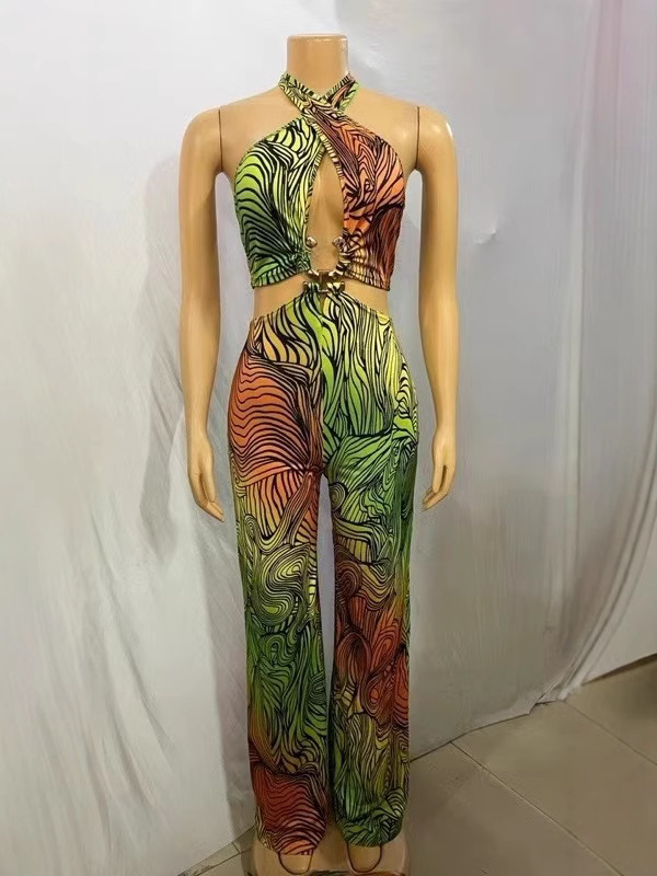 Comercio exterior transfronterizo europeo y americano, nuevo mono de moda para mujer, estampado, con lazo en el cuello, pantalones largos para mujer, éxito de ventas en AliExpress.