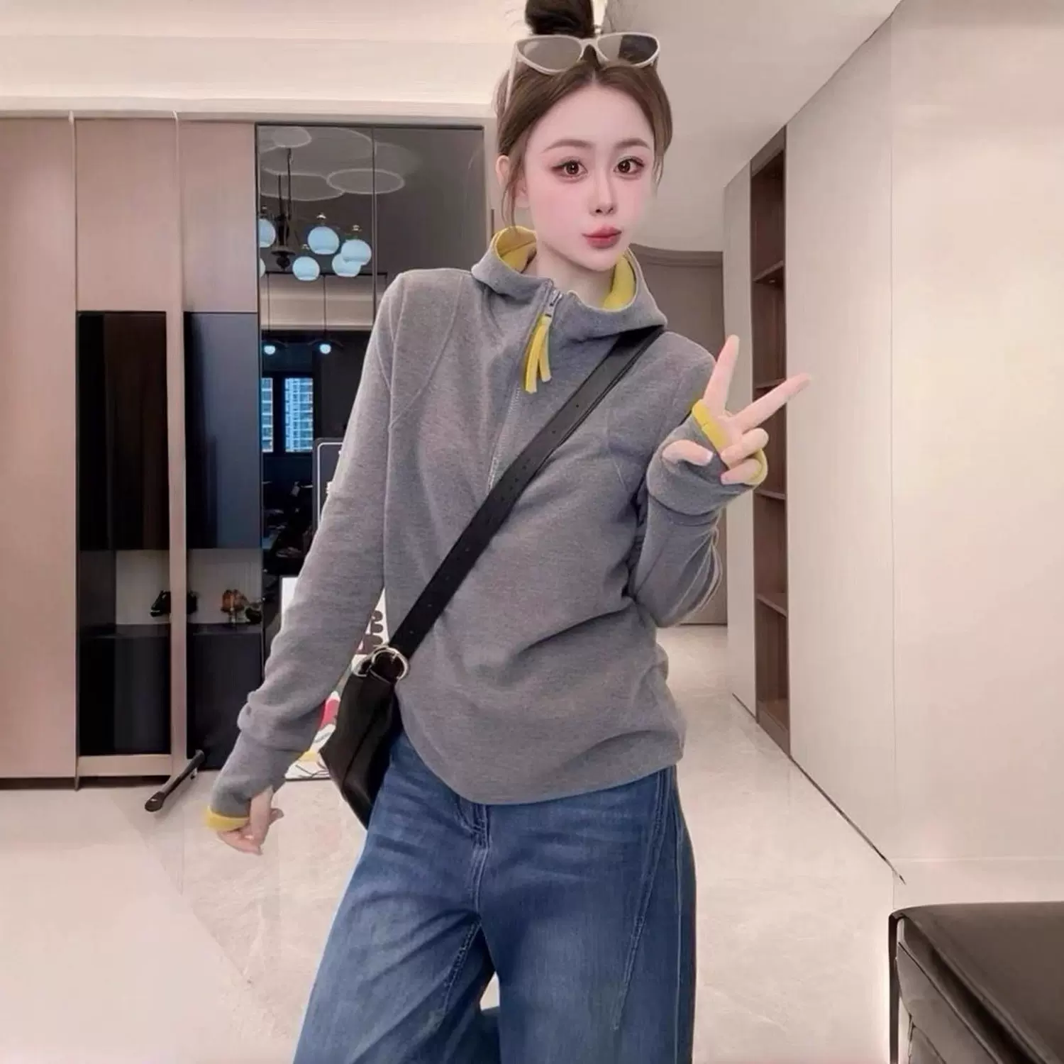 韩版拼色软糯德绒半拉链连帽卫衣女春秋季新款打底衫帽衫上衣