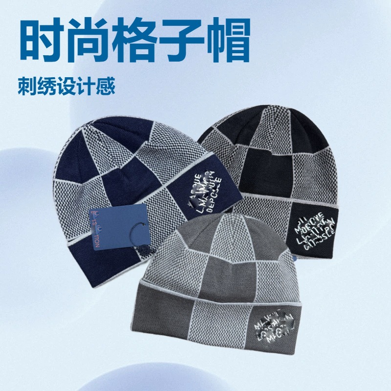 New Fashion Plaid Knit Hat for Men and Women, Autumn and Winter Style, Personalized Warm Beanie with Cuff, Woolen Cold Weather Hat