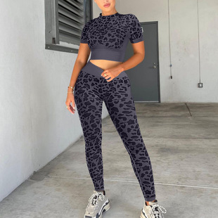 Manufacturer's Supply Fashionable Leopard Print Yoga Clothing Set European and American Running Sports Exercise Fitness Clothing Two-Piece Set for Women