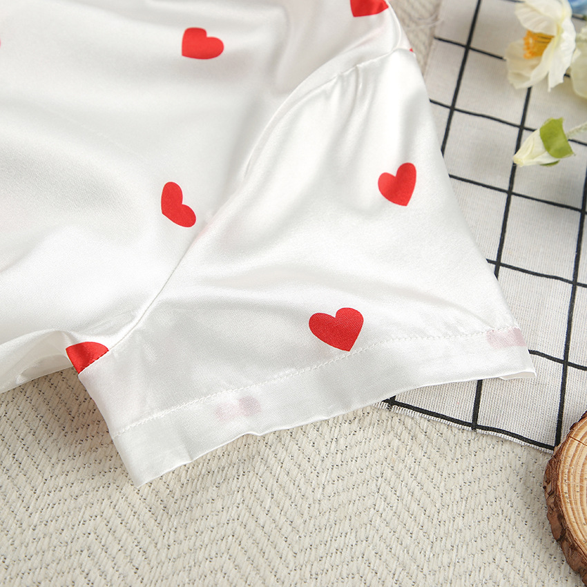 210g Weight Short Sleeve Sleeve Length Pajamas Lingerie Type Polyester, Satin Fabric Type Short Top Length Shorts Sets Sets Type 2 Pieces Set Quantity Home, Daily Occasion Turndown Neckline Breathable Function Regular Fit Fit Type Heart Shape Pattern Winter, Summer, Spring Season Women's Gender Sweet Style Home Daily Women's Sweet Heart Shape Polyester Satin Shorts Sets Pajama Sets 9