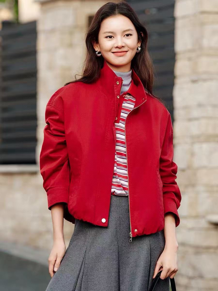 Spring red jacket with zipper