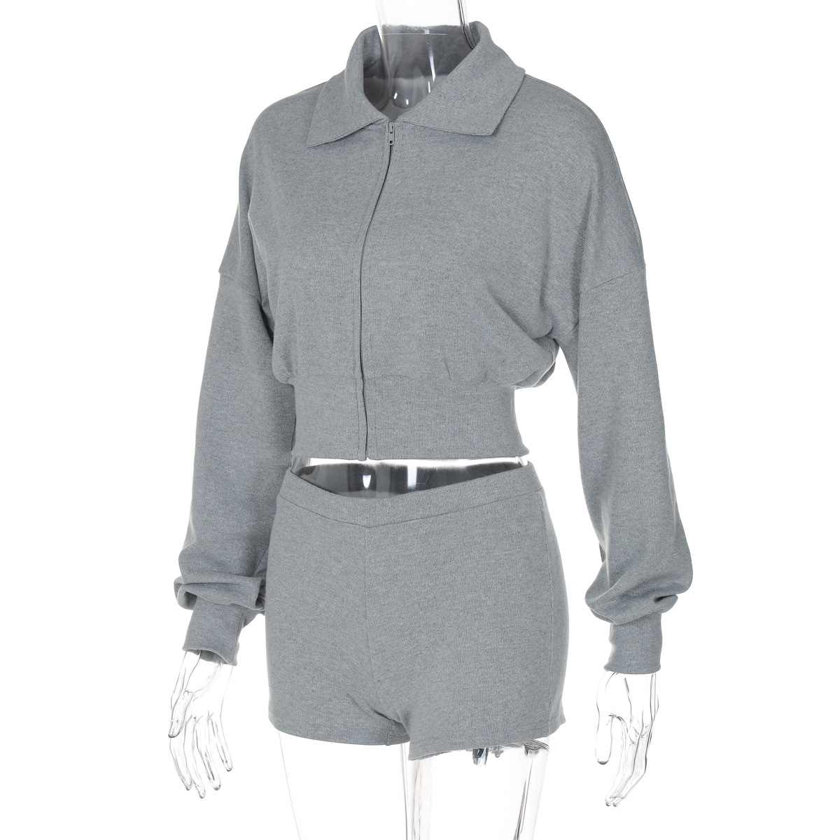 Women Autumn Polo Collar Long Sleeve Zipper Cardigan Sweater Ultra Short Tight Shorts Suit