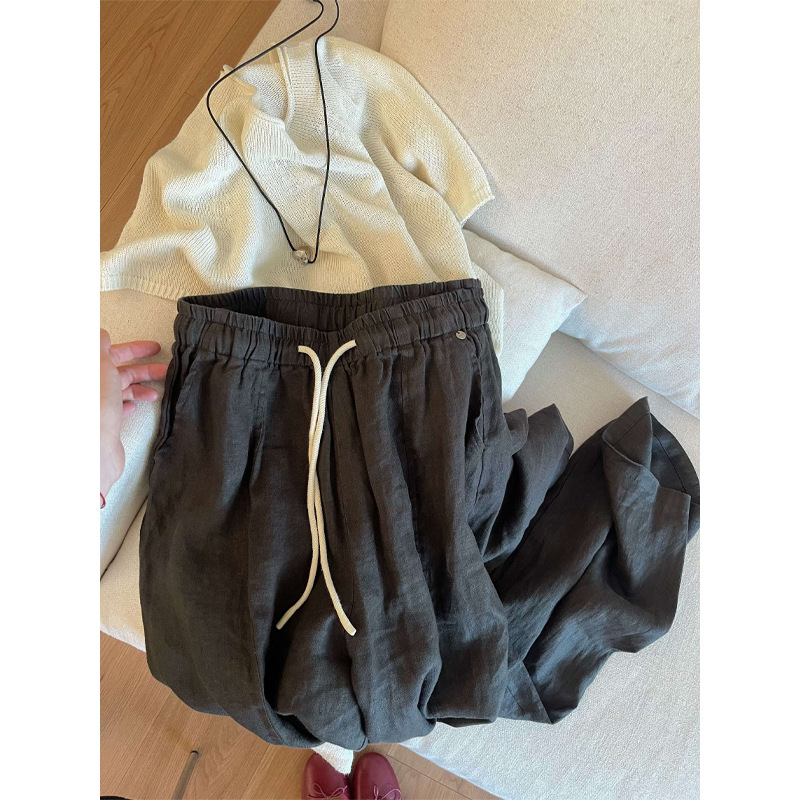 Quần culottes nữ ống rộng vải lanh cao eo dáng rộng thoải mái — màu xám chi tiết 2