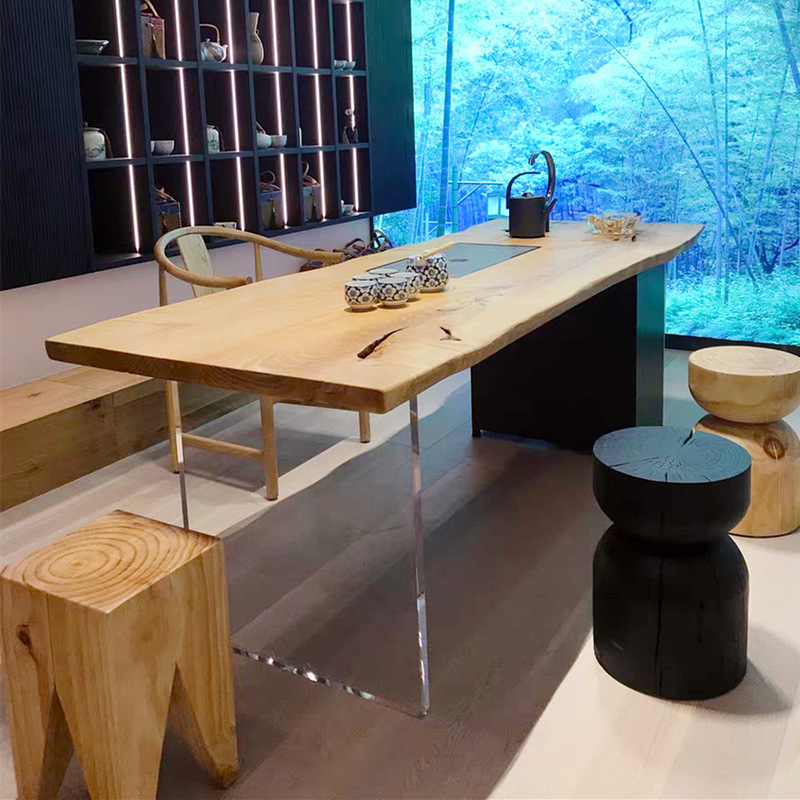 Japanese-style log acrylic suspended ash tea table home creative solid wood desk simple dining long table