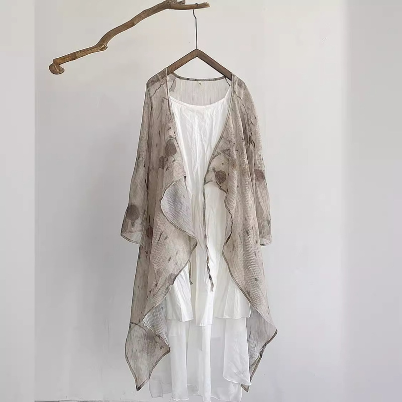 Cool and Zen-Inspired Outerwear with Plant-Dyed Tie-Dye Print, Irregular Tie-Up Cover-Up, Sun Protection Shirt, Plant-Dyed Clothing