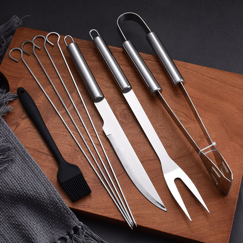 Fábrica directa de acero inoxidable BBQ set 9 piezas fuera del hogar conveniente bolsa de tela portátil herramienta de barbacoa