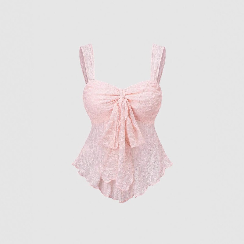 Lace Jacquard French Style Pure Desire Solid Color Camisole with Bow Tie Waist-Cinching Gentle Decorative Short Top Lace Jacquard French Style Pure Desire Solid Color Camisole with Bow Tie Waist-Cinching Gentle Decorative Short Top