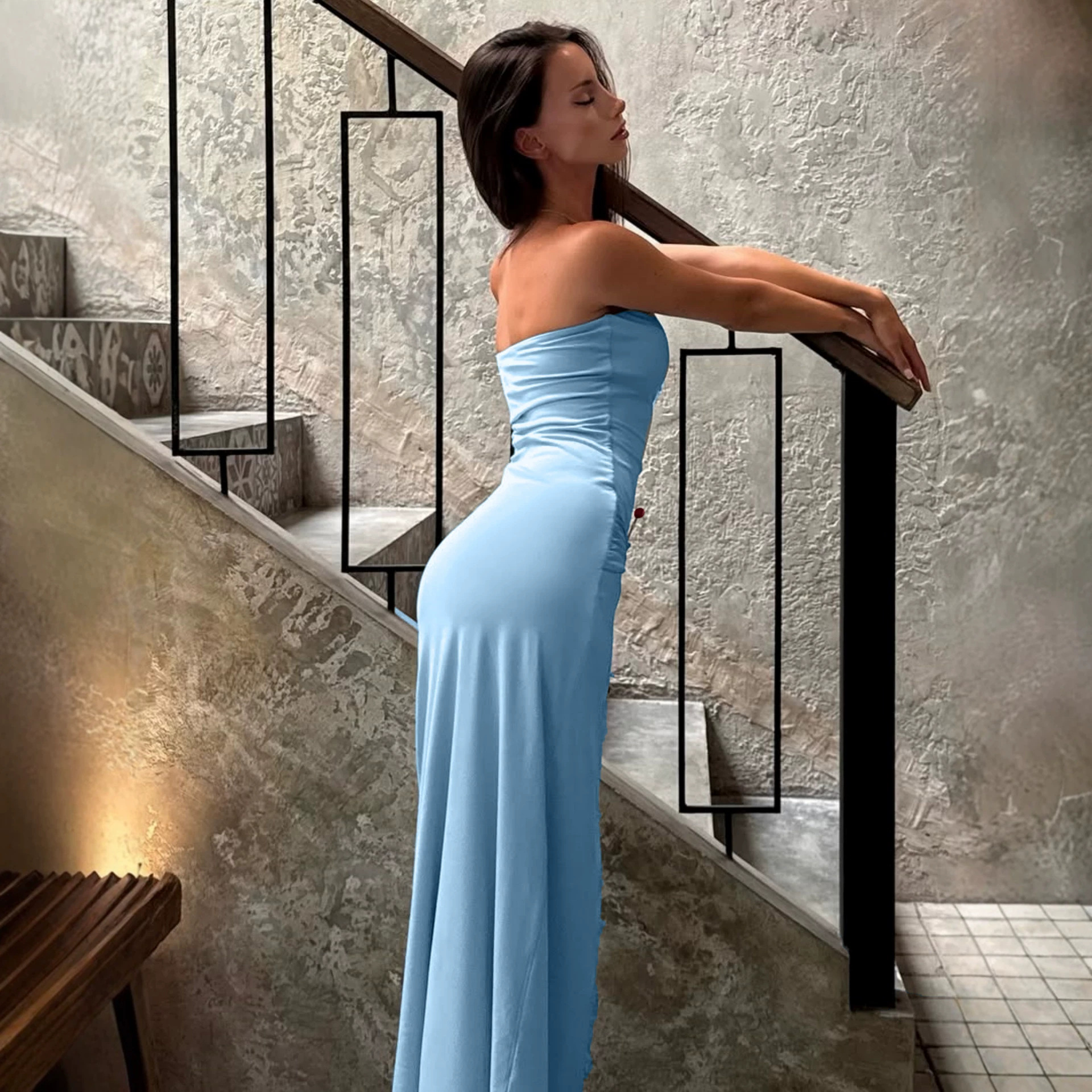 Women's Clothing Metallic Twist Strapless Long Skirt For Women Bodycon Slim Fit High Elasticity Solid Color Style_ecoleips.com