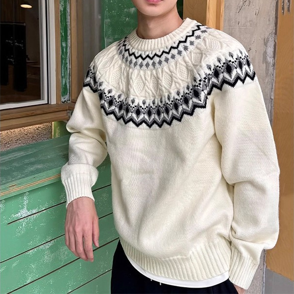Fair Isle Cable Knit Base Sweater for Men, Autumn Soft and Cozy Relaxed Knit Top, Cleanfit Inner Layer Top