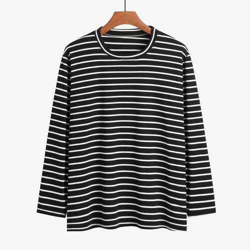 Women's Autumn Top, Fleece-lined Striped Long-sleeved Brushed Loose Plus-size Floor-length Comfortable Mom Base Shirt for Autumn