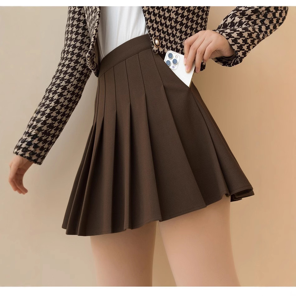 百褶半身裙裙女春秋冬新款韩版高腰松紧带a字甜美百搭口袋a字短裙