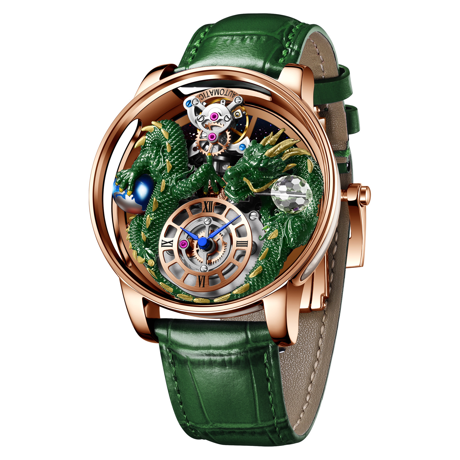Đồng hồ nam automatic lộ máy chống nước dây thép không gỉ — Hồng Lục Long Lục Bì, Hồng xanh da rồng màu xanh da, Hồng Lục Long Hắc Bì, Hoa Hồng Green Dragon Net Belt